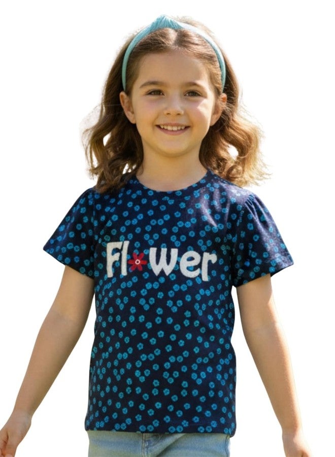 Pranava Girls Organic Cotton Single Jersey Half Sleeves Flower All Over Print Top - Navy Blue 18-24m - Image 1