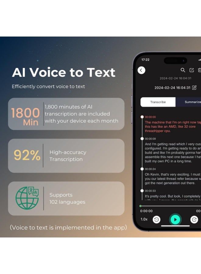 م.ا & ف'س مسجل صوت رقمي مع تطبيق لتحويل الصوت إلى نص بتقنية الذكاء الاصطناعي، وملخص GPT-4o، ورسم الخرائط الذهنية، ومسجل يعمل بالصوت مع إمكانية التشغيل، ومسجل صوت من سبائك الألومنيوم بسعة 64 جيجابايت، لون رمادي فلكي - Image 4