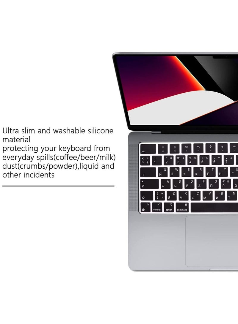 EU Version Russian English Silicone Keyboard Cover Skin for M2 MacBook Air 13.6 inch 2022 A2681 & MacBook Pro 14 inch 2022 2021 A2442 M1 & MacBook Pro 16 inch 2022 2021 A2485 M1, Black