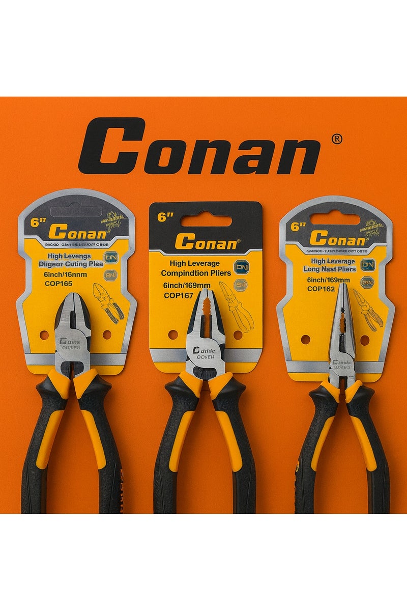Conan 3-Piece Professional Pliers Set 6" (160 mm) High Leverage Multi-Purpose - Image 1