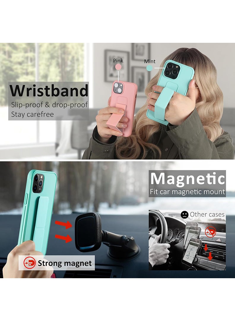 رفع القضية جراب متوافق مع هاتف Apple iPhone 14 Pro Max مع حامل مغناطيسي وحامل، جراب وحامل حزام إصبع من السيليكون الممتاز مع حامل تثبيت في السيارة - أخضر نعناعي - Image 3