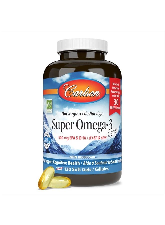 Carlson أحجار كريمة سوبر أوميجا 3، 1200 مجم من أحماض أوميجا 3 الدهنية مع حمض إيكوسابنتينويك وحمض دوكوساهيكسانويك، مكمل غذائي من الأسماك البرية النرويجية، كبسولات زيت السمك من مصادر مستدامة، مكملات أوميجا 3، 100+30 كبسولة هلامية - Image 2