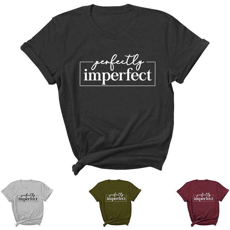 2021 Perfectly Imperfect Letter Printed Short Sleeve Crewneck T-Shirt - Image 2