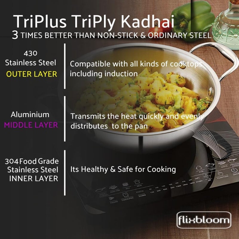 FLIXBLOOM Flixbloom Tripolium Cookware TriPLY 3 Layer Construction SAS Kitchen Cookware Induction Base LPG Friendly Cooking Set Kadhai 2 Litre Kadahi  - Image 4