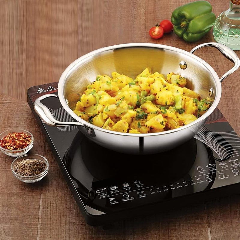FLIXBLOOM Flixbloom Tripolium Cookware TriPLY 3 Layer Construction SAS Kitchen Cookware Induction Base LPG Friendly Cooking Set Kadhai 2 Litre Kadahi  - Image 2