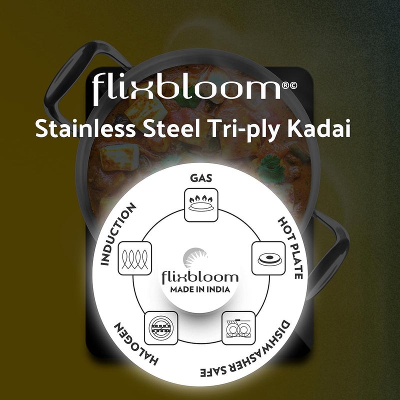 FLIXBLOOM Flixbloom Tripolium Cookware TriPLY 3 Layer Construction SAS Kitchen Cookware Induction Base LPG Friendly Cooking Set Kadhai 2 Litre Kadahi  - Image 3