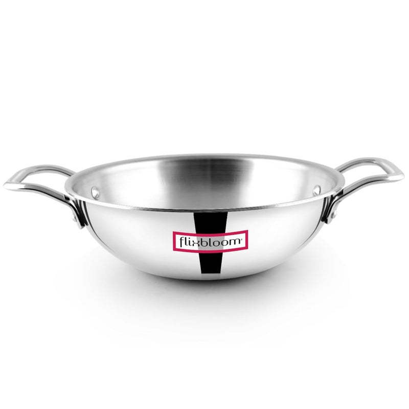 FLIXBLOOM Flixbloom Tripolium Cookware TriPLY 3 Layer Construction SAS Kitchen Cookware Induction Base LPG Friendly Cooking Set Kadhai 2 Litre Kadahi  - Image 1