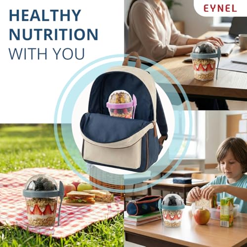 EYNEL 4 Pack 17 oz Small Breakfast On The Go Yogurt Parfait Cups, Reusable Plastic Containers with Lids and Spoons, Perfect Jars for Overnight Oats Cereal Granola Oatmeal (4 Colors Set) - Image 3