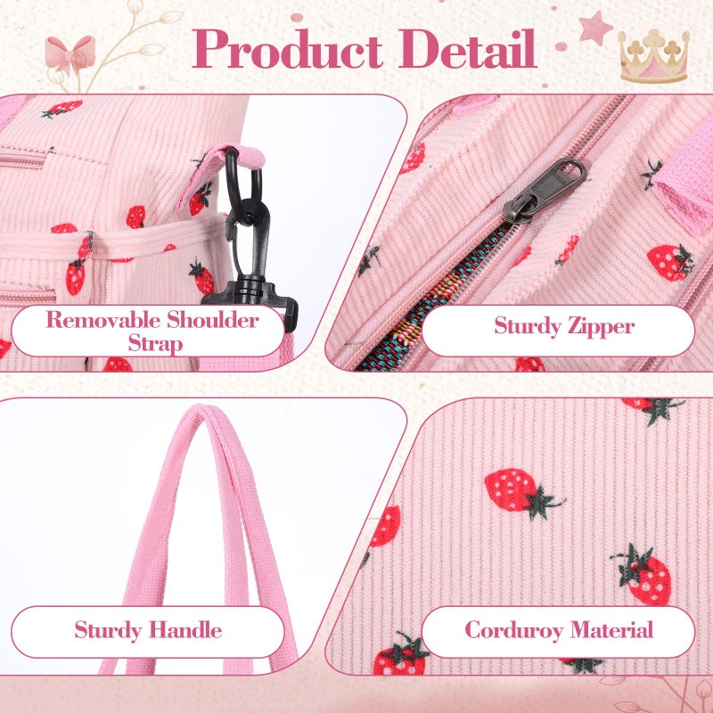 AojSup Pink Strawberry Tote Bag for Women Girls, Corduroy Everyday Tote Bag with Multi Pocket Cute Travel Shoulder Purse Handbag Crossbody Work Bags - Image 3