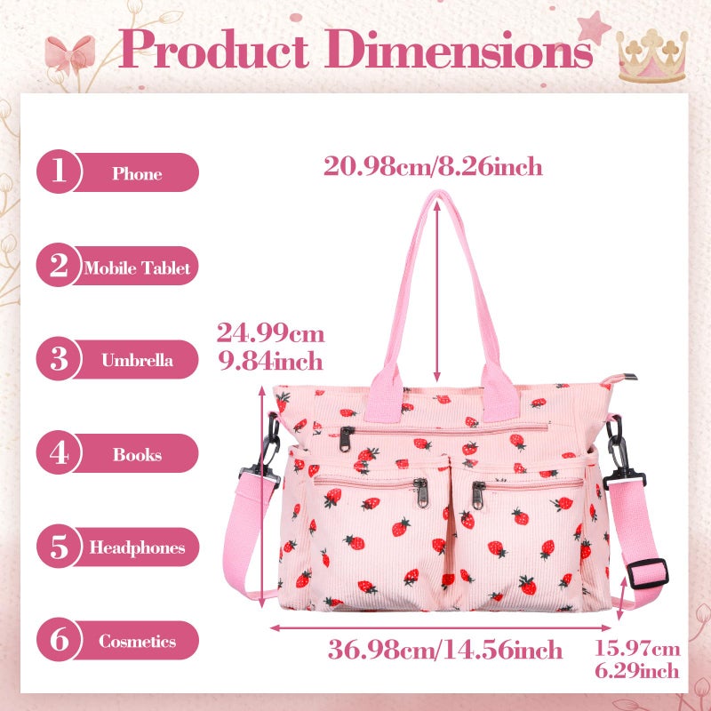 AojSup Pink Strawberry Tote Bag for Women Girls, Corduroy Everyday Tote Bag with Multi Pocket Cute Travel Shoulder Purse Handbag Crossbody Work Bags - Image 2