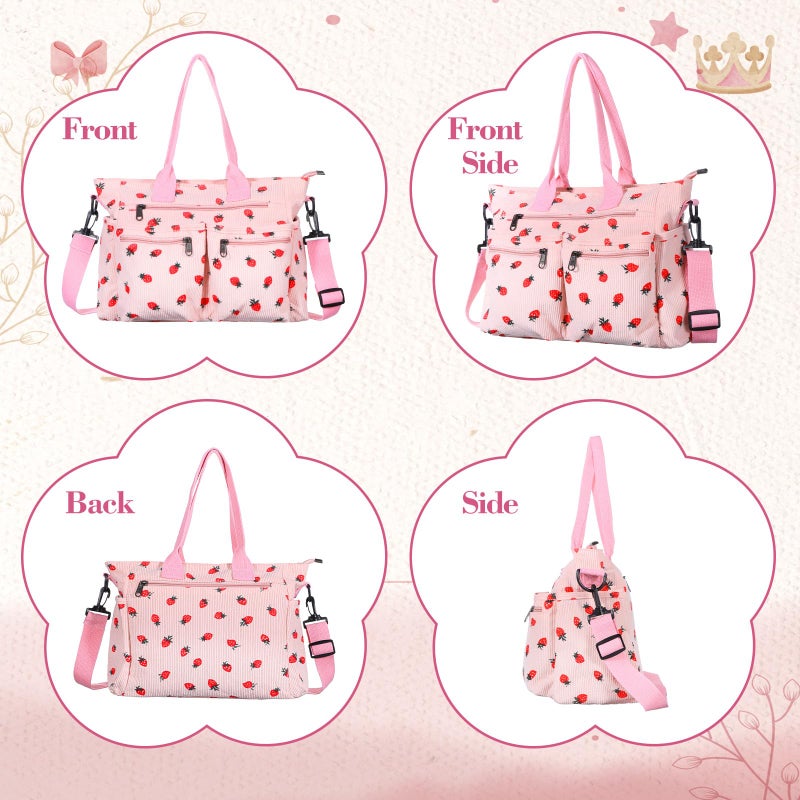 AojSup Pink Strawberry Tote Bag for Women Girls, Corduroy Everyday Tote Bag with Multi Pocket Cute Travel Shoulder Purse Handbag Crossbody Work Bags - Image 5