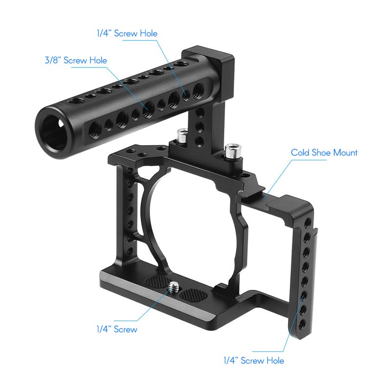 Camera Cage + Top Handle + 15mm Rod Baseplate Kit Video Film Movie Making Stabilizer Aluminum Alloy 1/4 Inch Screw with Cold Shoe Mount for Sony A6500/A6400/A6300/A6000 Camera - Image 2