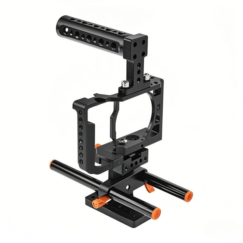 Camera Cage + Top Handle + 15mm Rod Baseplate Kit Video Film Movie Making Stabilizer Aluminum Alloy 1/4 Inch Screw with Cold Shoe Mount for Sony A6500/A6400/A6300/A6000 Camera - Image 1