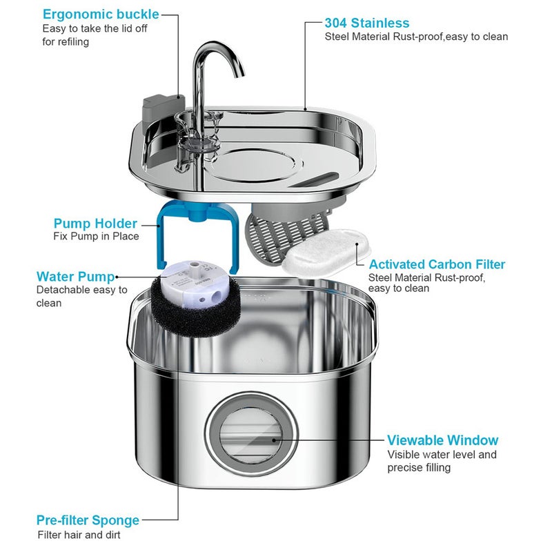 3.2L Stainless Steel Pet Water Fountain USB Powered with Filter for Cats and Dogs - Image 4