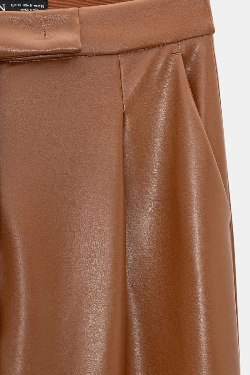 Dilvin Camel Brown DILVIN High-Waist Wide-Leg Faux Leather Trousers for Women | Best Price UAE