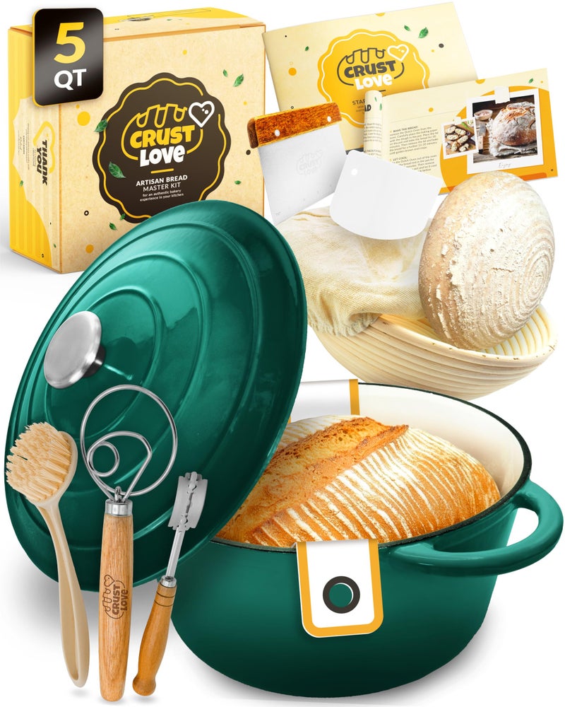 CRUSTLOVE Dutch Oven for Bread Baking - incl. Sourdough Bread-Baking Supplies like Banneton Bread-Proofing Basket - 5QT Enameled Cast Iron Bread-Oven with Lid, Baking Pan, Scoring Tool Lame - Image 1