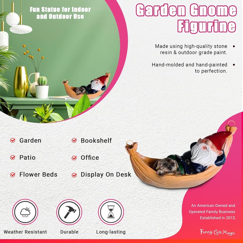 Funny Guy Mugs Hammock Gnome and Pug Statue - Indoor or Outdoor Garden Gnome Sculpture for Patio, Yard or Lawn - Image 3