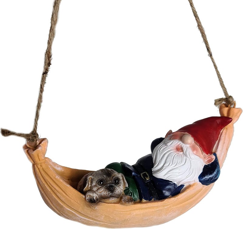 Funny Guy Mugs Hammock Gnome and Pug Statue - Indoor or Outdoor Garden Gnome Sculpture for Patio, Yard or Lawn - Image 1