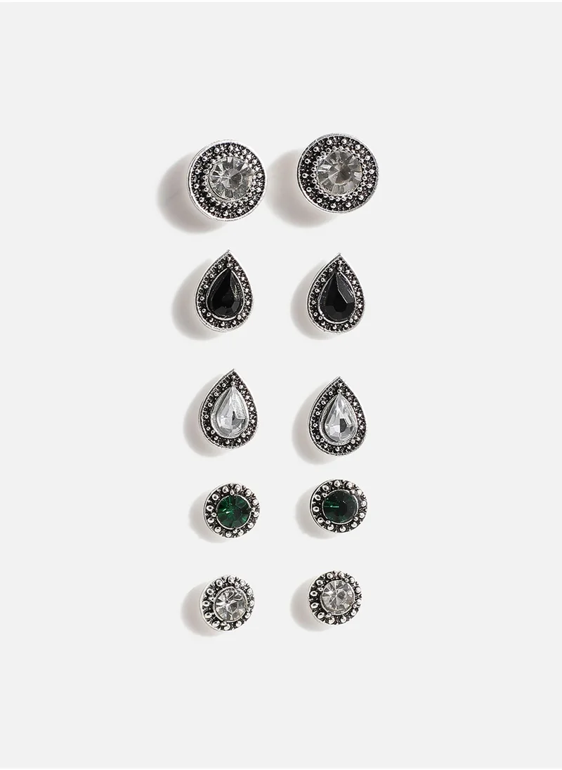 SOHI Set of 5 Black Contemporary Stud Earrings