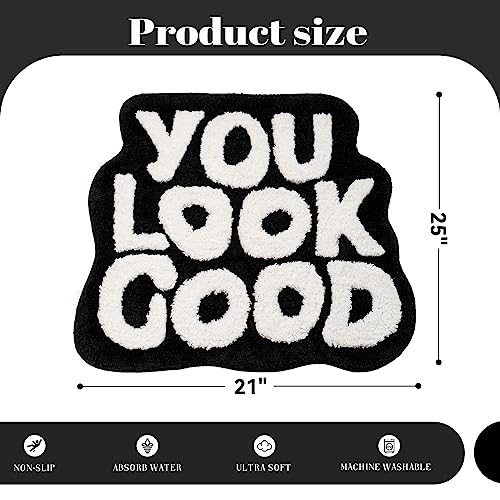 UNIBATH You Look Good Bath Mat Black and White Bathroom Rugs Funny Cute Bathroom Decor Preppy Small Cool Rug Non Slip Microfiber Washable Absorbent Shower Rug, 25”x21” - Image 2