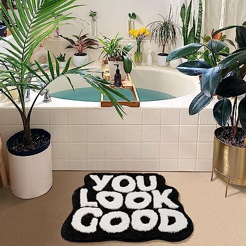 UNIBATH You Look Good Bath Mat Black and White Bathroom Rugs Funny Cute Bathroom Decor Preppy Small Cool Rug Non Slip Microfiber Washable Absorbent Shower Rug, 25”x21” - Image 3