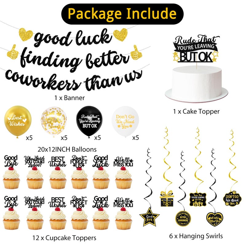 Roetyce Coworker Farewell Decorations, Black Gold Good Luck Finding Better Coworkers Than Us Banner Cake Toppers Balloons Hanging Swirls, Gold Going Away/Goodbye/Leaving Party Supplies for Job Change - Image 2