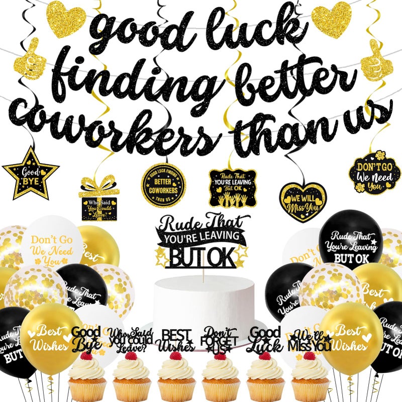 Roetyce Coworker Farewell Decorations, Black Gold Good Luck Finding Better Coworkers Than Us Banner Cake Toppers Balloons Hanging Swirls, Gold Going Away/Goodbye/Leaving Party Supplies for Job Change - Image 1
