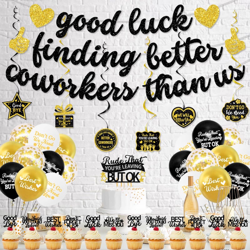 Roetyce Coworker Farewell Decorations, Black Gold Good Luck Finding Better Coworkers Than Us Banner Cake Toppers Balloons Hanging Swirls, Gold Going Away/Goodbye/Leaving Party Supplies for Job Change - Image 4
