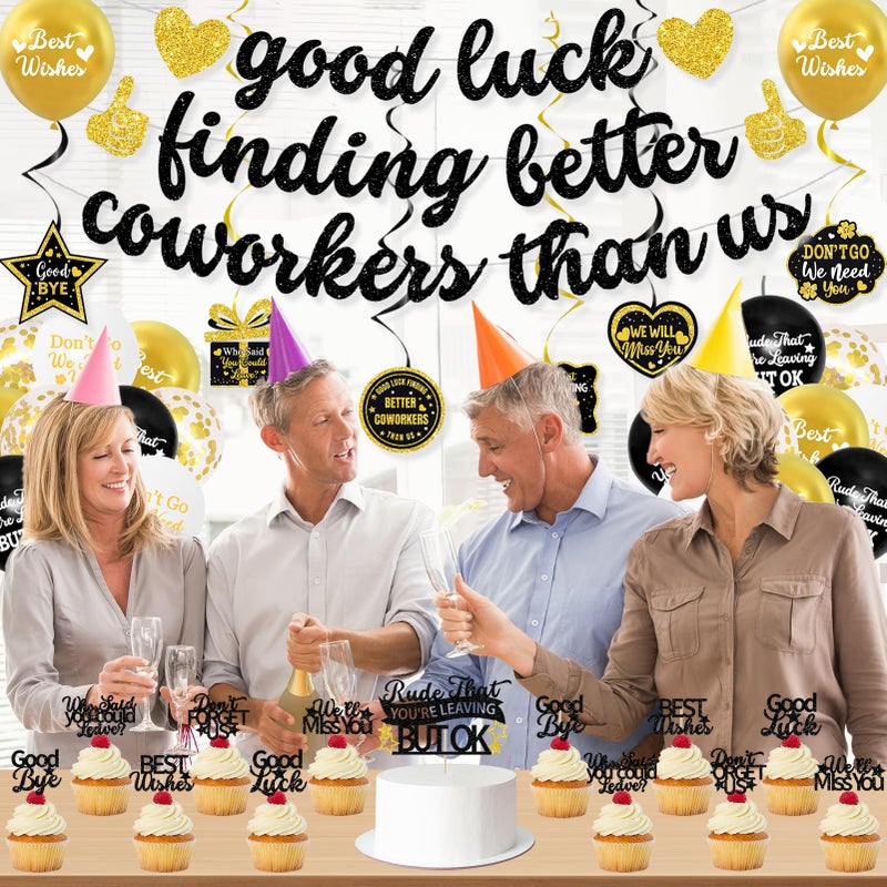 Roetyce Coworker Farewell Decorations, Black Gold Good Luck Finding Better Coworkers Than Us Banner Cake Toppers Balloons Hanging Swirls, Gold Going Away/Goodbye/Leaving Party Supplies for Job Change - Image 5