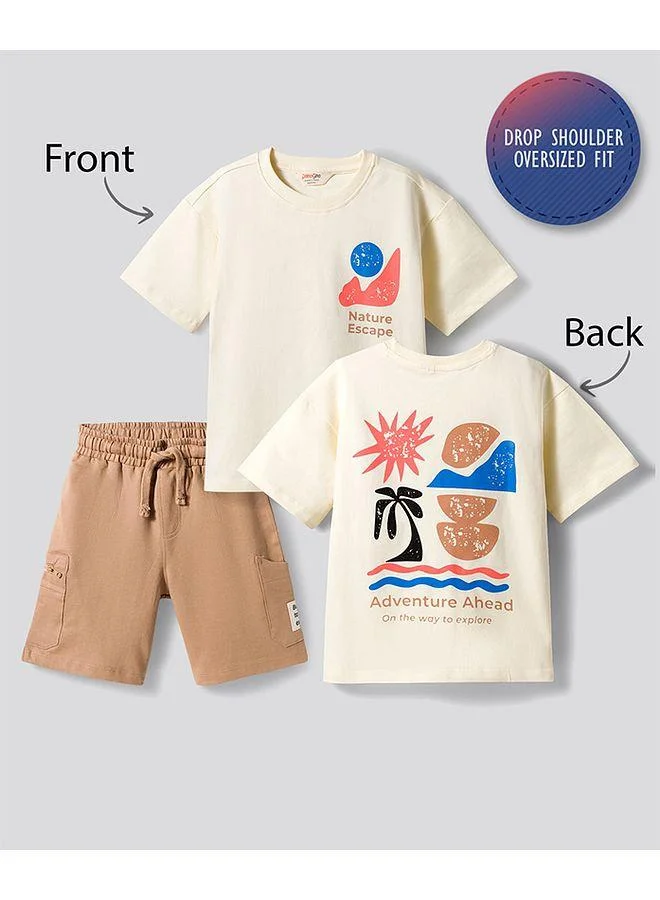 Primo Gino Primo Gino 100% Cotton French Terry Oversized Beach Theme Printed T-Shirt and Shorts Set - Off-White and Brown