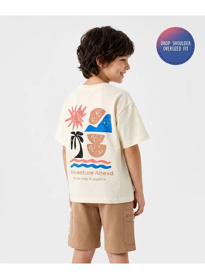 Primo Gino Primo Gino 100% Cotton French Terry Oversized Beach Theme Printed T-Shirt and Shorts Set - Off-White and Brown