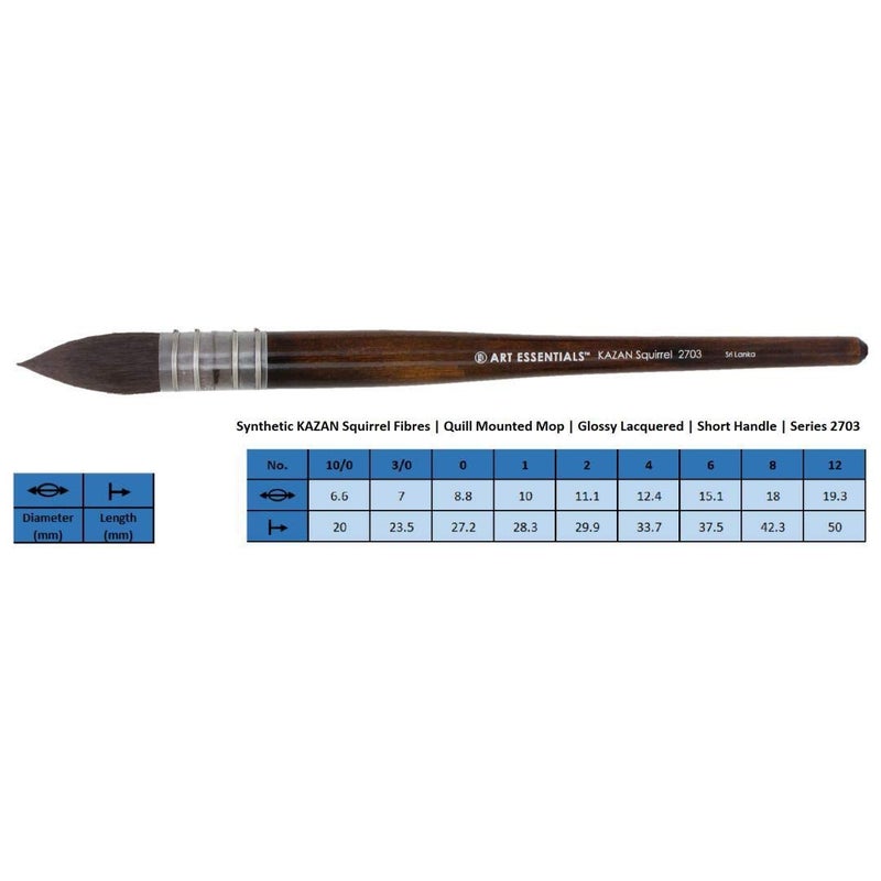 Art Essentials Kazan Synthetic Squirrel Hair Brush for Watercolour, Gouache & Ink - Series 2703 - Quill Mounted Mop - Short Handle - Size: 10/0, with Maximum Colour Holding Capacity & Point Retention - Image 2