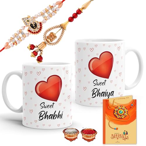 Gift Arcadia Arcadia Rakhi Lumba Gift Set for Brother and Bhabhi - Coffee Mugs 330ml Combo - Ceramic Cup for Rakhi Gifts (Combo-4) - Image 1