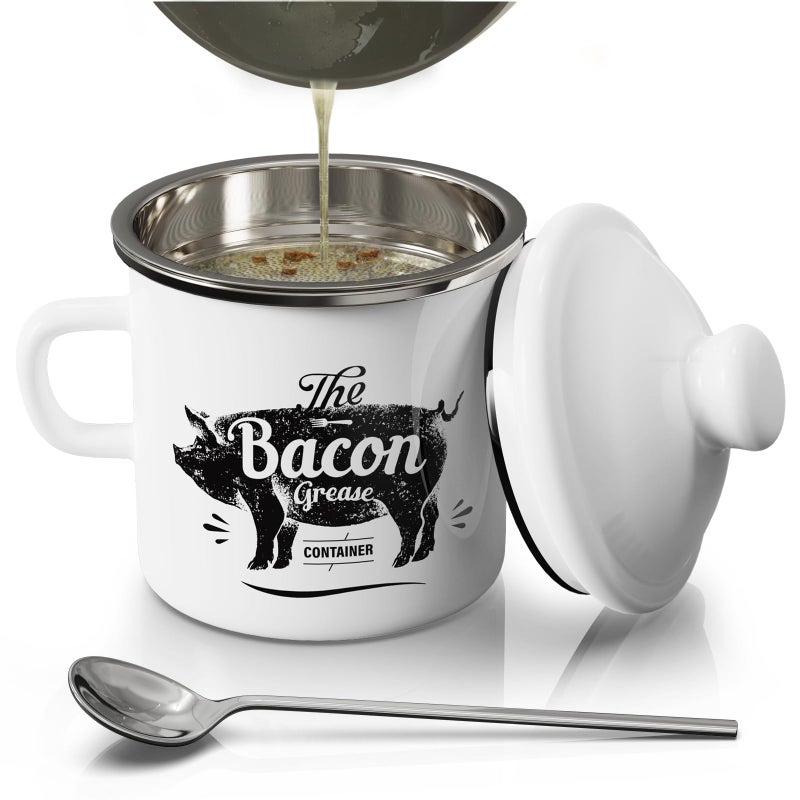 PGYARD Mini Bacon Grease Container With Strainer - 15OZ Enamel Grease Saver, Farmhouse Bacon Grease Keeper For Kitchen Fat Storage, Dishwasher Safe-White - Image 1