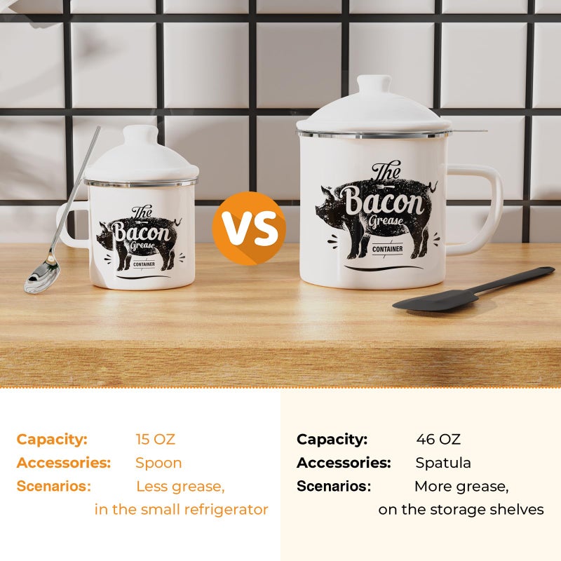 PGYARD Mini Bacon Grease Container With Strainer - 15OZ Enamel Grease Saver, Farmhouse Bacon Grease Keeper For Kitchen Fat Storage, Dishwasher Safe-White - Image 3