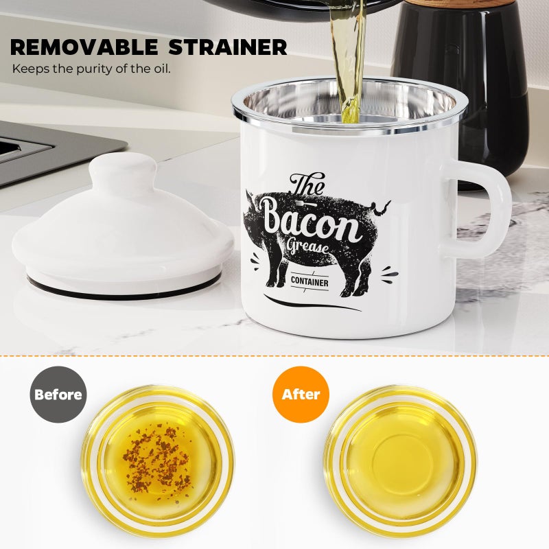 PGYARD Mini Bacon Grease Container With Strainer - 15OZ Enamel Grease Saver, Farmhouse Bacon Grease Keeper For Kitchen Fat Storage, Dishwasher Safe-White - Image 4
