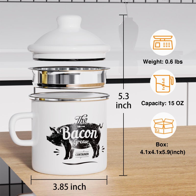 PGYARD Mini Bacon Grease Container With Strainer - 15OZ Enamel Grease Saver, Farmhouse Bacon Grease Keeper For Kitchen Fat Storage, Dishwasher Safe-White - Image 2