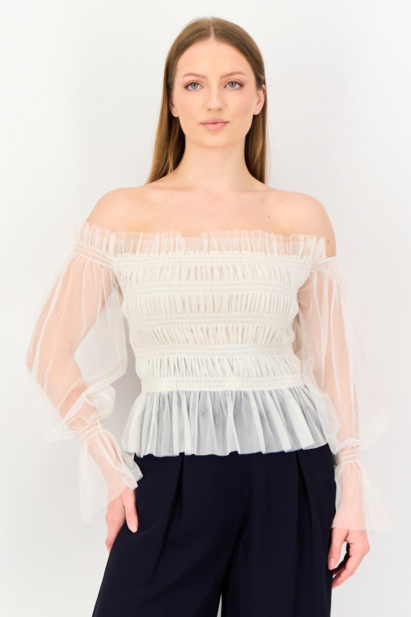 VERO MODA Women Off Shoulder Long Sleeve Textured Blouse, Cream - Image 1