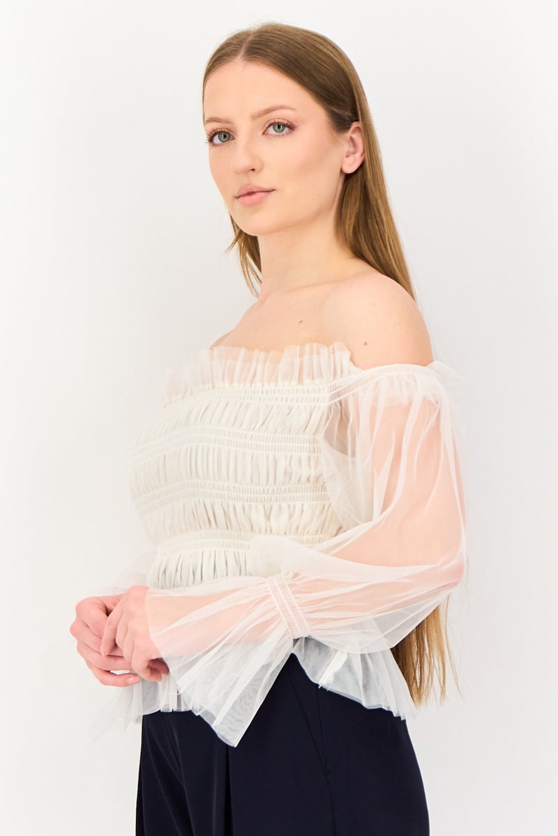 VERO MODA Women Off Shoulder Long Sleeve Textured Blouse, Cream - Image 2