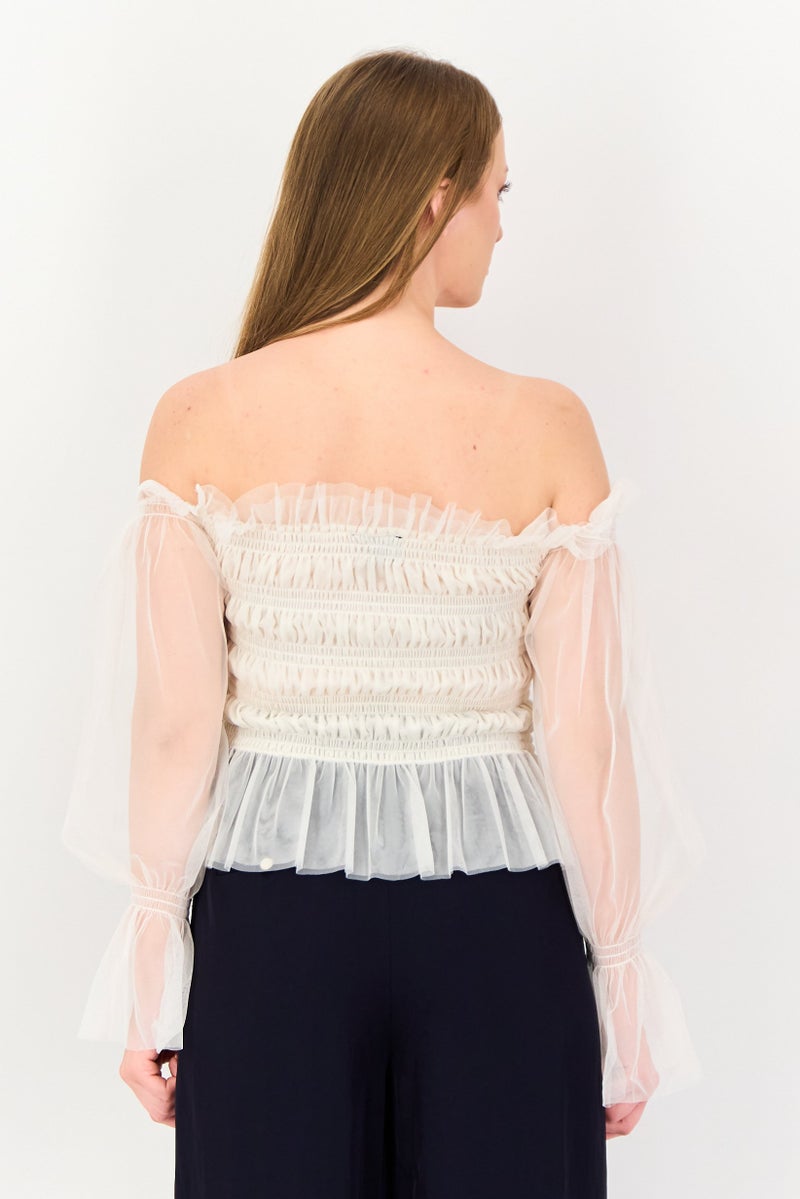 VERO MODA Women Off Shoulder Long Sleeve Textured Blouse, Cream - Image 3