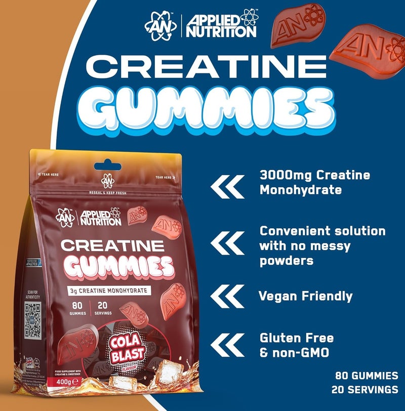 Applied Nutrition Creatine Gummies Cola Blast 400g | 3g Creatine Monohydrate Per Serving | 80 Gummies | 20 Servings | Made in United Kingdom - Image 2