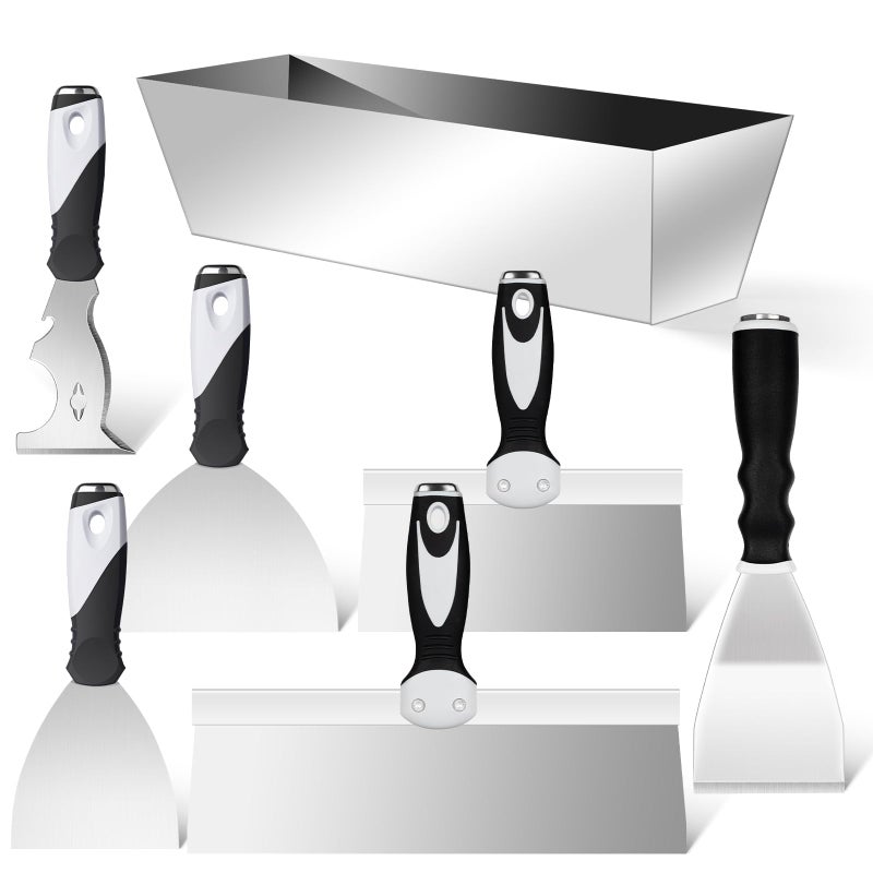 مجموعة أدوات جدران جافة مستر روي 7 قطع من سكين المعجون الفولاذي المقاوم للصدأ، سكاكين لصق 10 في 1، مكشطة طلاء، مجموعة سكين معجون