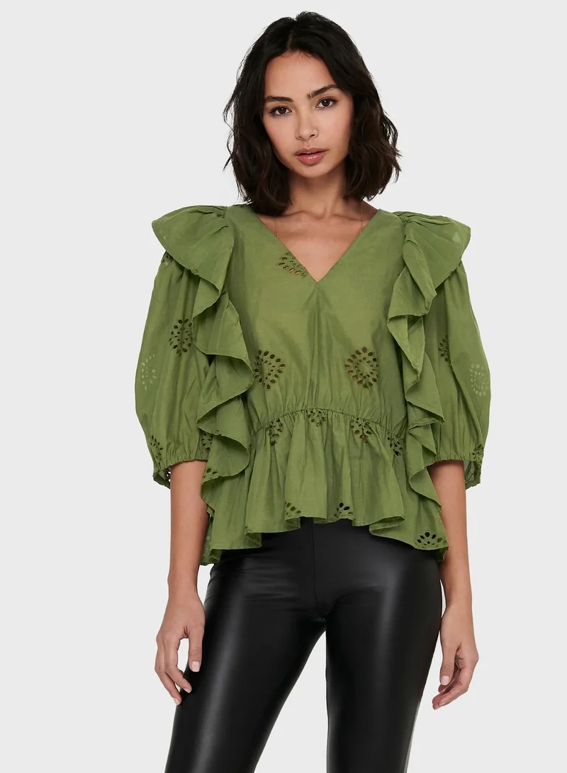 ONLY V-Neck Broderie Detail Top