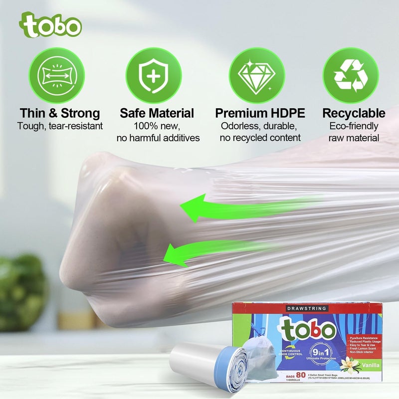 Tobo Drawstring Small Trash Bags - OdorShield, 4 Gallon, 80 Count, White, Vanilla Scent, Leak-Resistant & Tear-Resistant, Easy-Tear, Fits Bathroom, Kitchen, and Office Trash Cans - Image 3