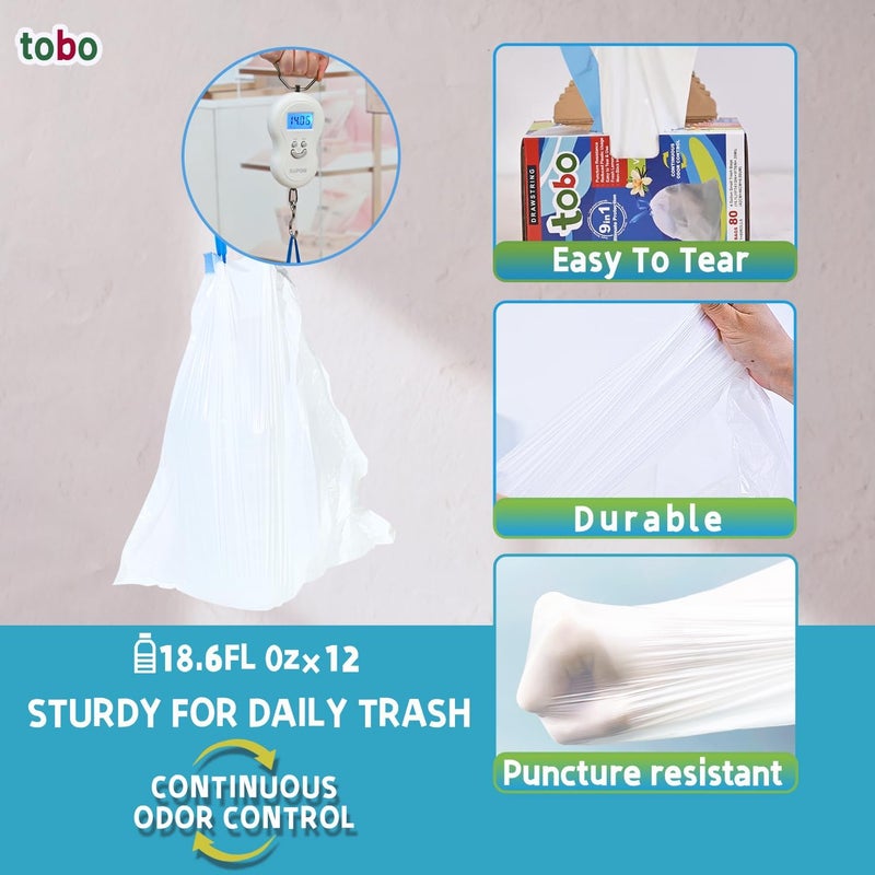 Tobo Drawstring Small Trash Bags - OdorShield, 4 Gallon, 80 Count, White, Vanilla Scent, Leak-Resistant & Tear-Resistant, Easy-Tear, Fits Bathroom, Kitchen, and Office Trash Cans - Image 4