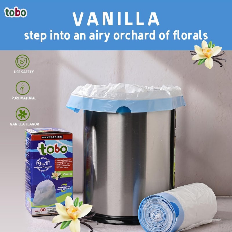Tobo Drawstring Small Trash Bags - OdorShield, 4 Gallon, 80 Count, White, Vanilla Scent, Leak-Resistant & Tear-Resistant, Easy-Tear, Fits Bathroom, Kitchen, and Office Trash Cans - Image 2