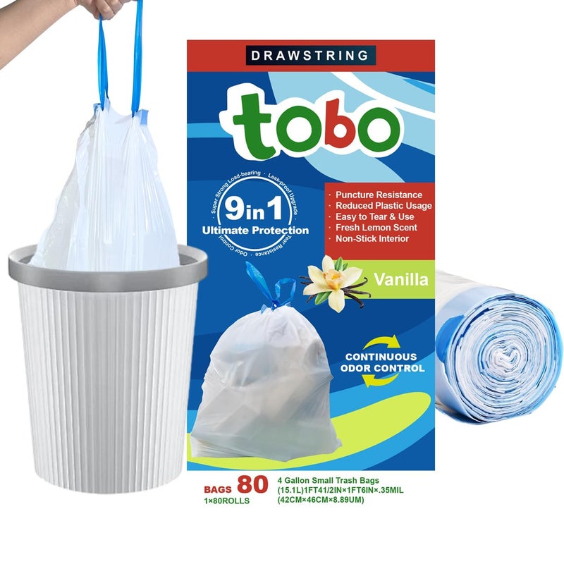 Tobo Drawstring Small Trash Bags - OdorShield, 4 Gallon, 80 Count, White, Vanilla Scent, Leak-Resistant & Tear-Resistant, Easy-Tear, Fits Bathroom, Kitchen, and Office Trash Cans - Image 1