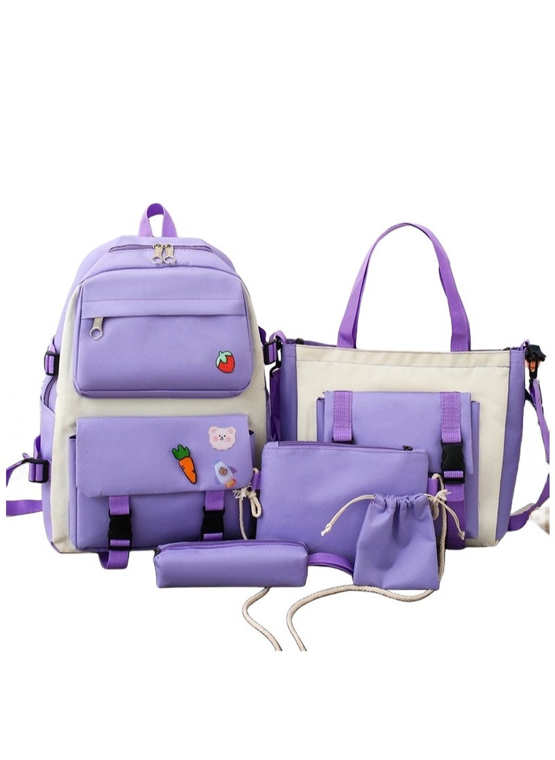 AUTOYSUR 5 Pcs Backpack Set,Kids Backpacks,School Bag for Kids,Back to School Book Bag Backpack for Teen,Cartoon Travel Backpack,Shoulder Bag,Handbag (Purple)  - Image 1
