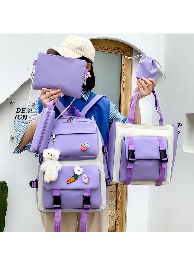 AUTOYSUR 5 Pcs Backpack Set,Kids Backpacks,School Bag for Kids,Back to School Book Bag Backpack for Teen,Cartoon Travel Backpack,Shoulder Bag,Handbag (Purple)  - Image 3