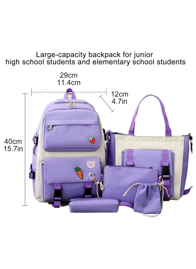 AUTOYSUR 5 Pcs Backpack Set,Kids Backpacks,School Bag for Kids,Back to School Book Bag Backpack for Teen,Cartoon Travel Backpack,Shoulder Bag,Handbag (Purple)  - Image 4